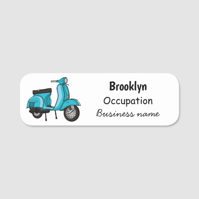 Cute moped motorcycle cartoon illustration name tag (Front)