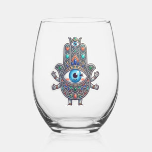 Cute Moroccan Amazigh Hamsa Evil Eye Kawaii Sticke Stemless Wine Glass