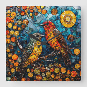 Cute mosaic birds square wall clock