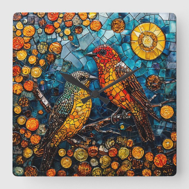 Cute mosaic birds square wall clock (Front)
