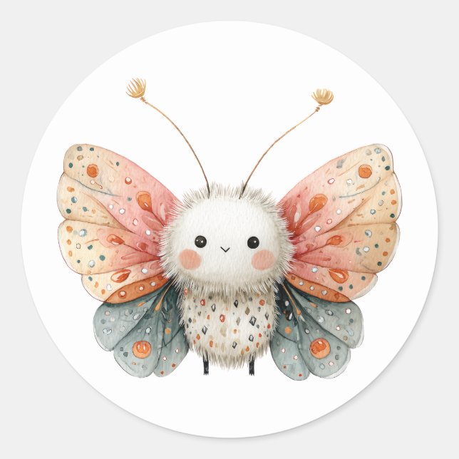 Cute Moth Cartoon Illustration Watercolor Insect  Classic Round Sticker (Front)