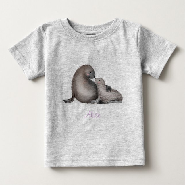 Cute mother and baby fur seals T-shirt (color) (Front)