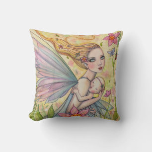 Cute Mother and Baby Girl Fairy Illustration Cushion