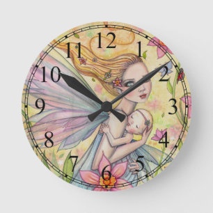 Cute Mother and Baby Girl Fairy Illustration Round Clock