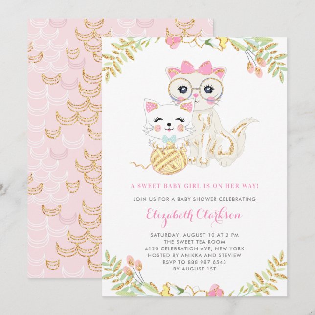 Cute Mother and Daughter Cats Floral Baby Shower Invitation (Front/Back)