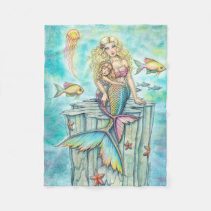 Cute Mother and Daughter Mermaid Fantasy Art Fleece Blanket