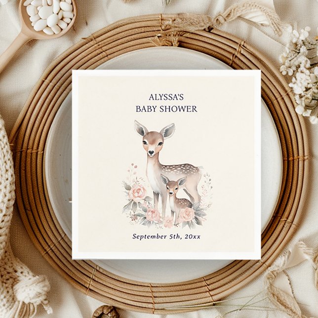Cute Mother Baby Deer Baby Girl Shower Napkins (Cute deer baby shower paper napkin, personalized with the name of the mother-to-be.)