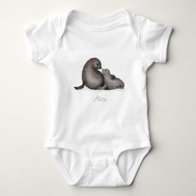 Cute mother & baby fur seal baby bodysuit (white) (Front)