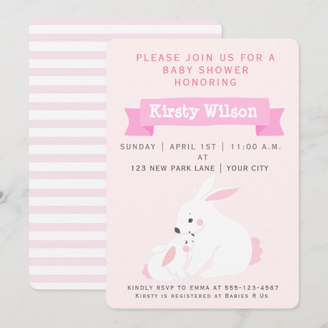 Cute Mother & Baby Girl Bunny | Baby Shower Invitation (Front/Back)