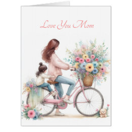 Cute Mother Child Bike Ride Floral Watercolor