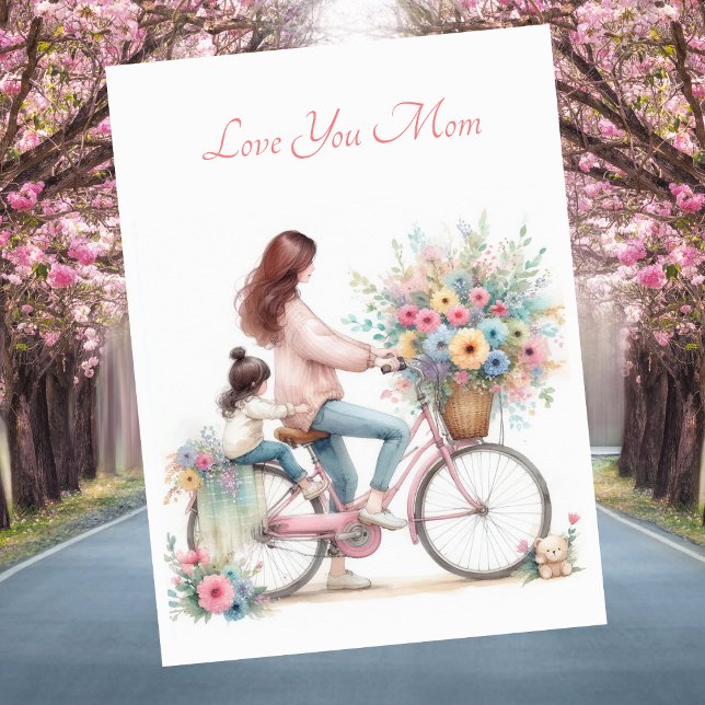 Cute Mother Child Bike Watercolor Mother's Day Holiday Card (Creator Uploaded)