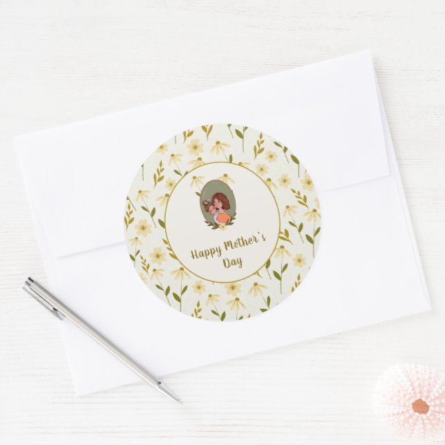 Cute Mother & Child Illustration Mother's Day Classic Round Sticker (Envelope)