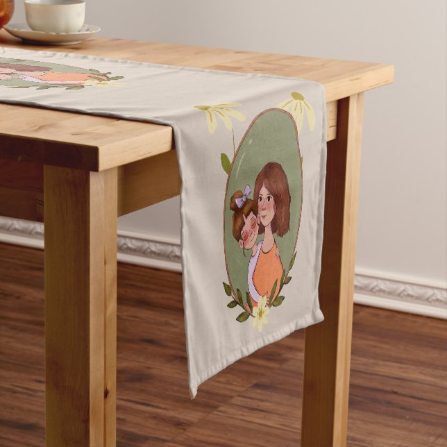 Cute Mother & Child Illustration Table Runner (In Situ)