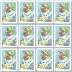 CUTE MOTHER HEN IN BONNET HOLDING EGGS & CHICKS