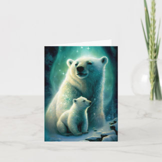 Cute Mother Polar Bear and Cub Illustration Card