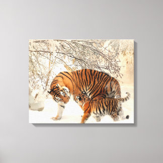 Cute Mother Tiger with Baby in Snow Canvas Print