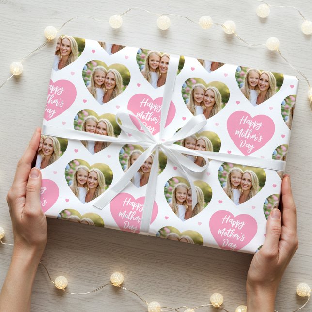 Cute Mother's Day 6 Photo Mum Love Hearts Pink Wrapping Paper (Creator Uploaded)
