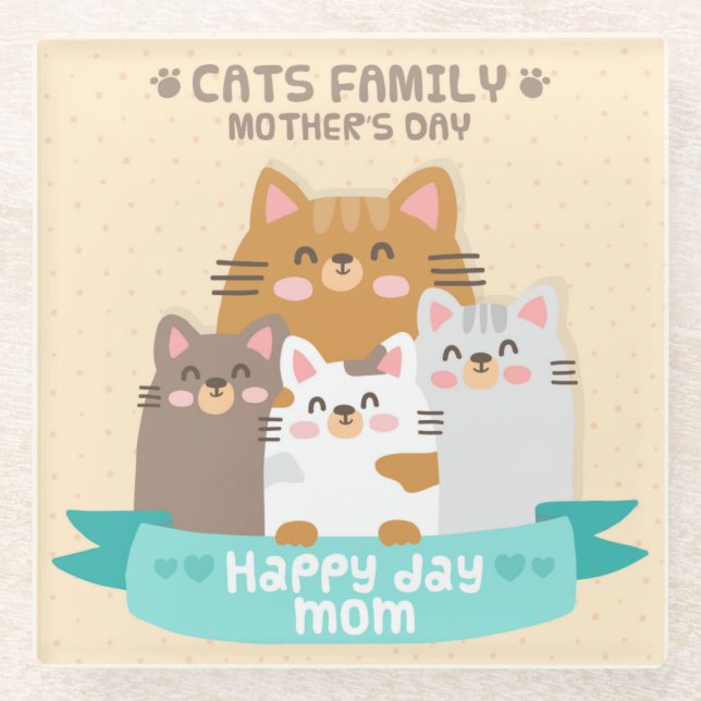 Cute Mother's Day Cats Glass Coaster (Front)