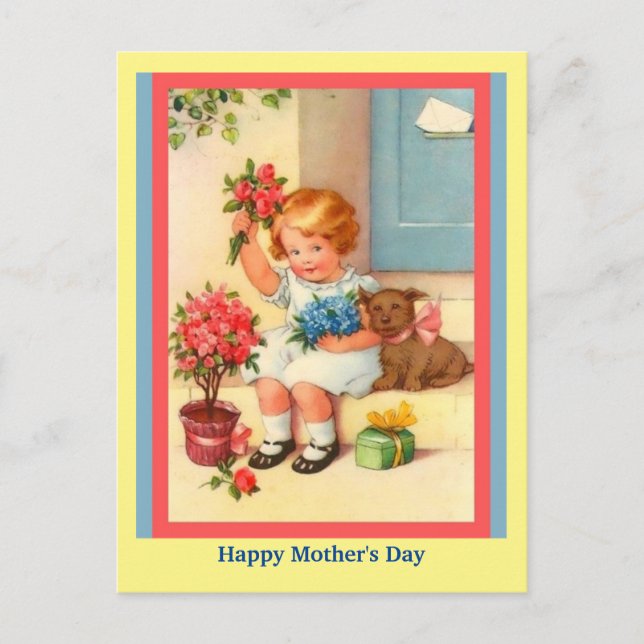 Cute Mother's Day Little Girl, Flowers, Dog  Postcard (Front)