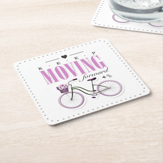 Cute Motivational Keep Moving Forward with Bicycle Square Paper Coaster (Angled)