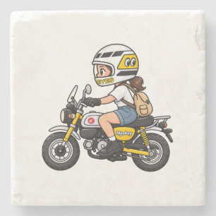 Cute Motorcycle Girl – Yellow Mini Bike Cartoon De Stone Coaster