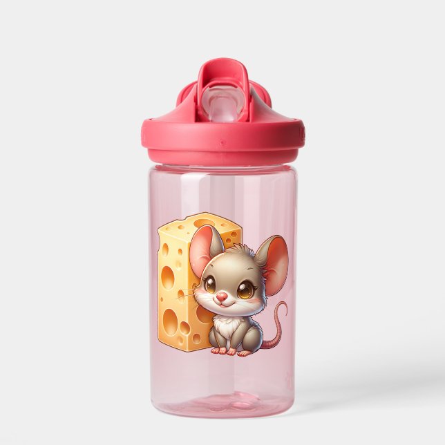 Cute Mouse and Cheese Cartoon Personalised Water Bottle (Front)
