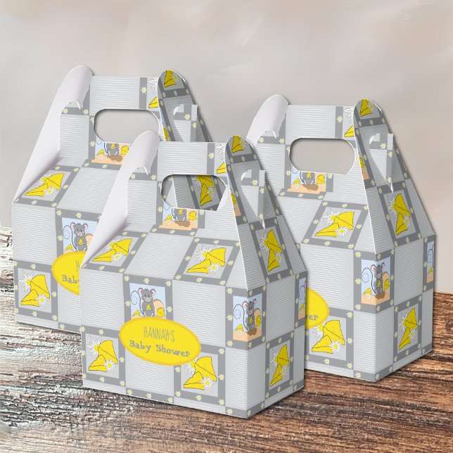 Cute mouse and cheese gender neutral favour box (Favor boxes displayed on a wooden table .)