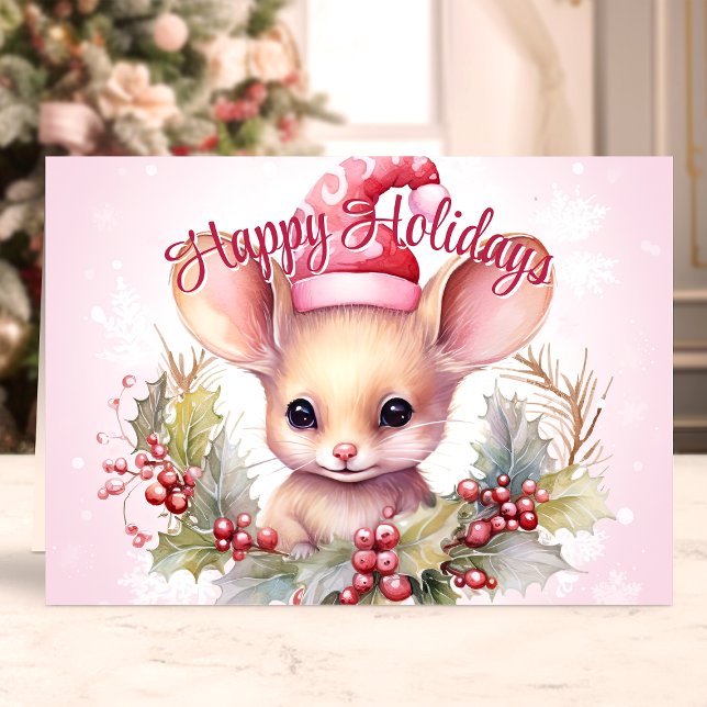 Cute Mouse and Holly Happy Holidays Holiday Card (Creator Uploaded)