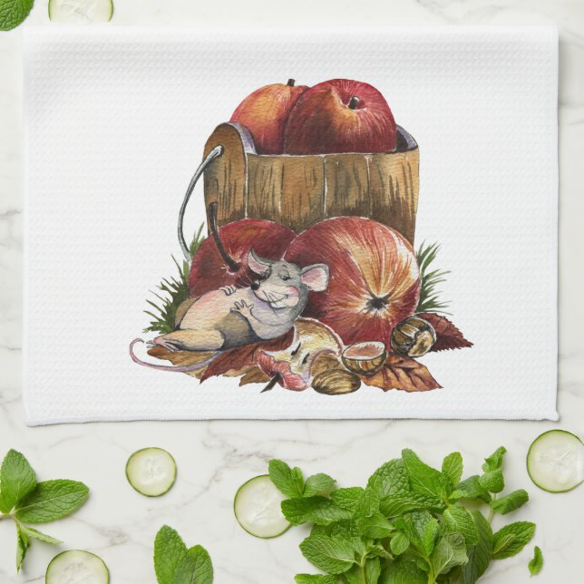 Cute Mouse and Red Apples Tea Towel (Folded)