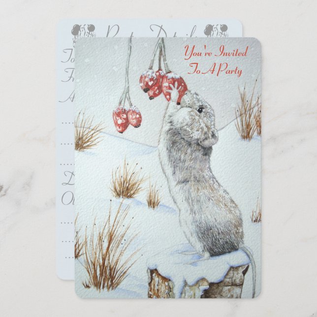 Cute mouse and red berries snow scene christmas invitation (Front/Back)