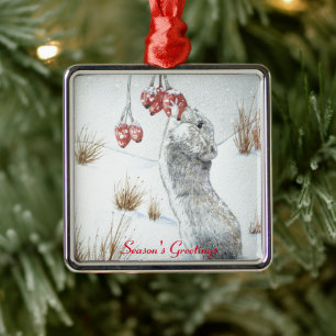 Cute mouse and red berries snow scene wildlife art metal tree decoration