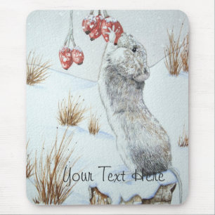 Cute mouse and red berries snow scene wildlife art mouse pad