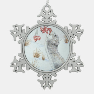 Cute mouse and red berries snow scene wildlife art snowflake pewter christmas ornament