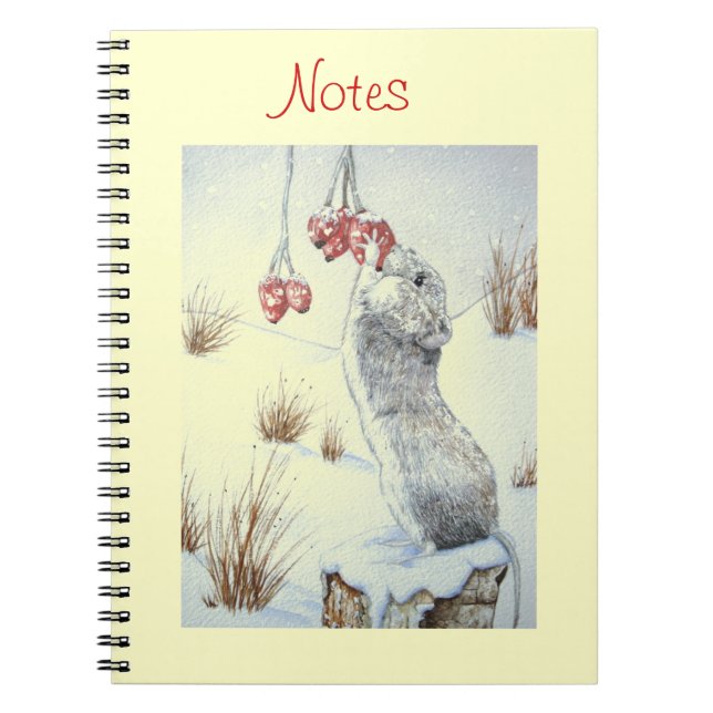 Cute mouse and red berries snow scene wildlife art spiral notebook (Front)