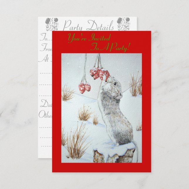 Cute mouse and red berries snow scene wildlife invitation (Front/Back)