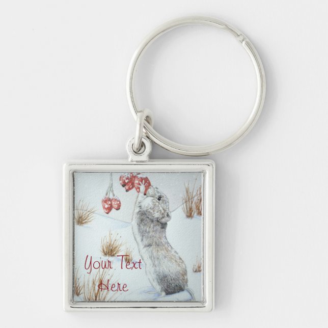 Cute mouse and red berries snow scene wildlife key ring (Front)
