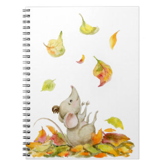 Cute mouse and yellow-orange falling leaves notebook