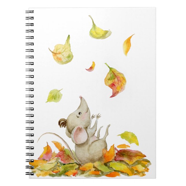 Cute mouse and yellow-orange falling leaves notebook (Front)