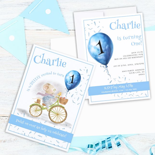 Cute Mouse Animal Bicycle Boy 1st Birthday Party Invitation (Front & Back - Cute Mouse Animal Riding Vintage Bicycle & 1st Birthday Party Balloon, Boy Invitation)