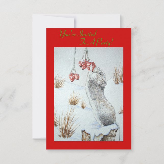 Cute mouse berries snow scene wildlife christmas   invitation (Front)