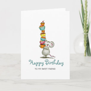 Cute Mouse Birthday Cards with cupcakes for friend