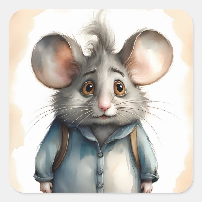 Cute Mouse Blue Jacket Backpack Portrait  Square Sticker (Front)