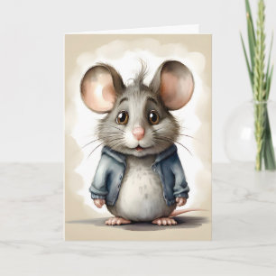 Cute Mouse Blue Jacket Portrait Blank Greeting Card