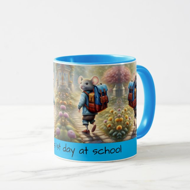 Cute mouse boy on his way to school, custom mug (Front Right)