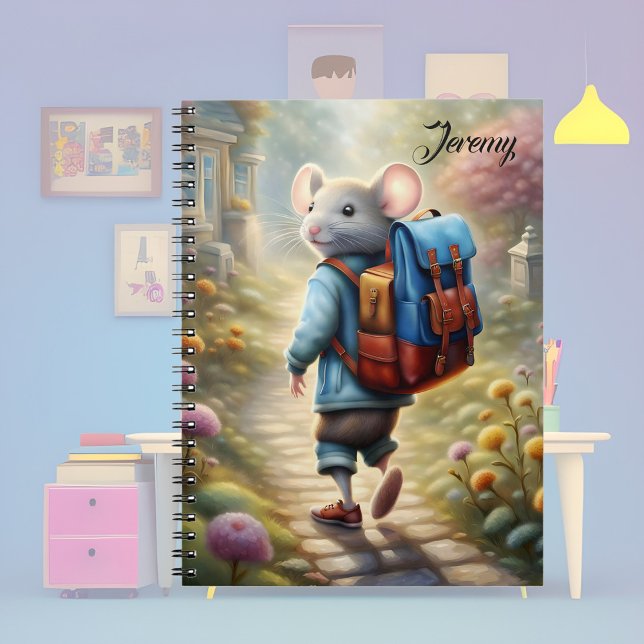 Cute mouse boy on his way to school,personalised  notebook (Creator Uploaded)