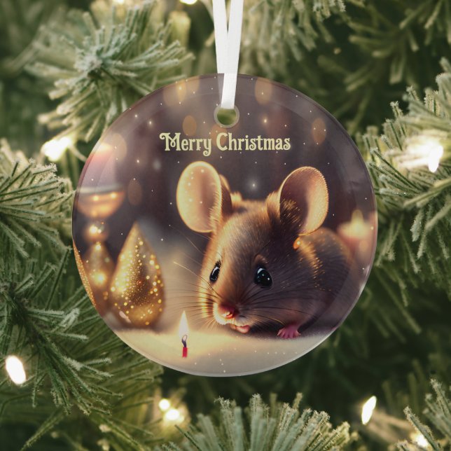 Cute mouse celebrates Christmas, custom  Glass Tree Decoration (Insitu)