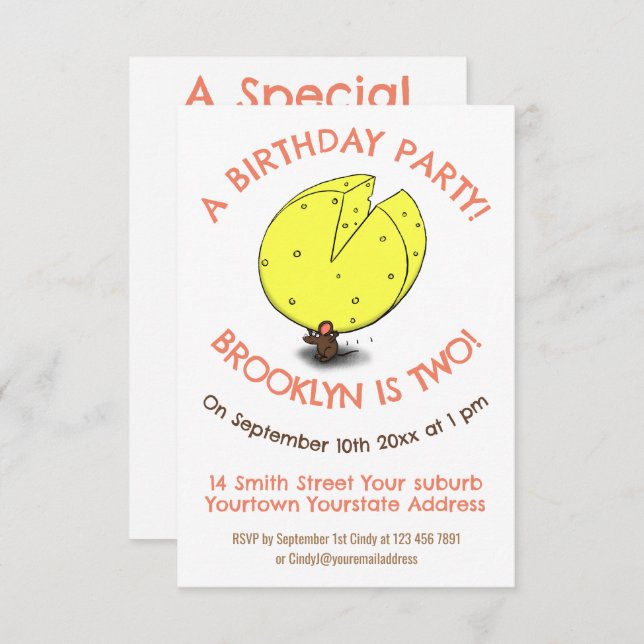 Cute mouse cheese birthday cartoon invitation (Front/Back)