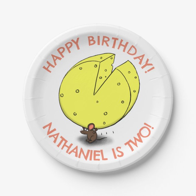 Cute mouse cheese personalised cartoon birthday paper plate (Front)