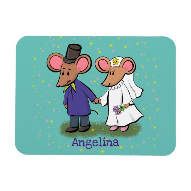 Cute mouse couple cartoon illustration magnet (Horizontal)