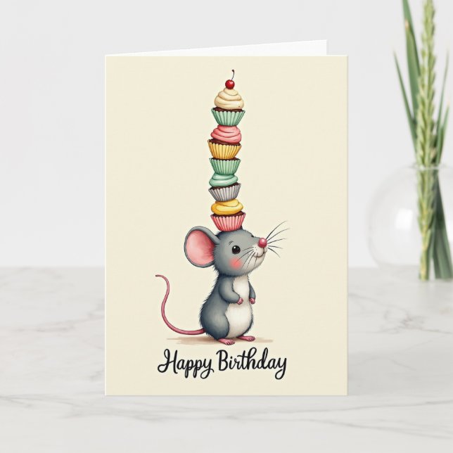 Cute Mouse Cupcake Birthday Card (Front)